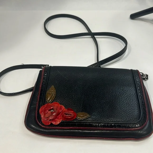 BRIGHTON black & red leather Crossbody with flowers - Picture 1 of 5